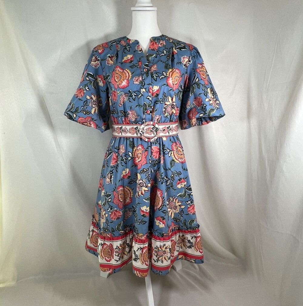 Joie Blue Pink Floral Cottagecore Dress Sz 6 Belted V-Neck Puff Sleeve Cotton